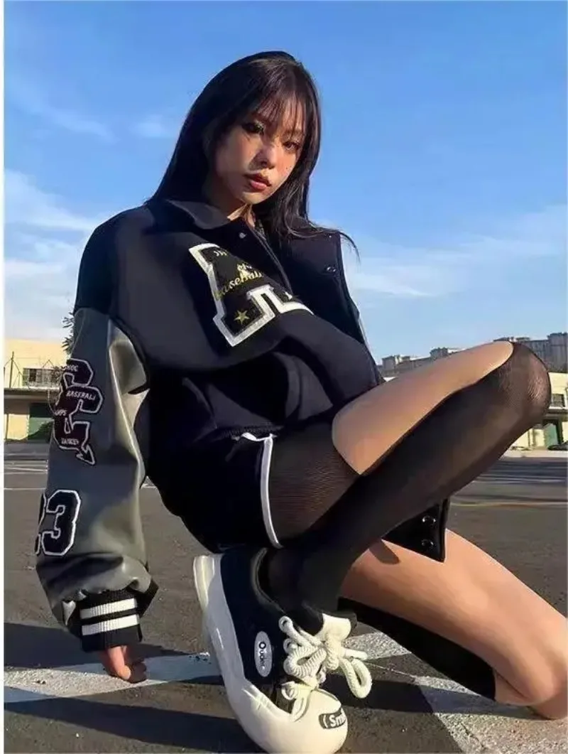 American Retro Embroidered Baseball Uniform Women Varsity Jackets Spring Autumn Spliced PU Sleeves Vintage Bomber Jacket Women