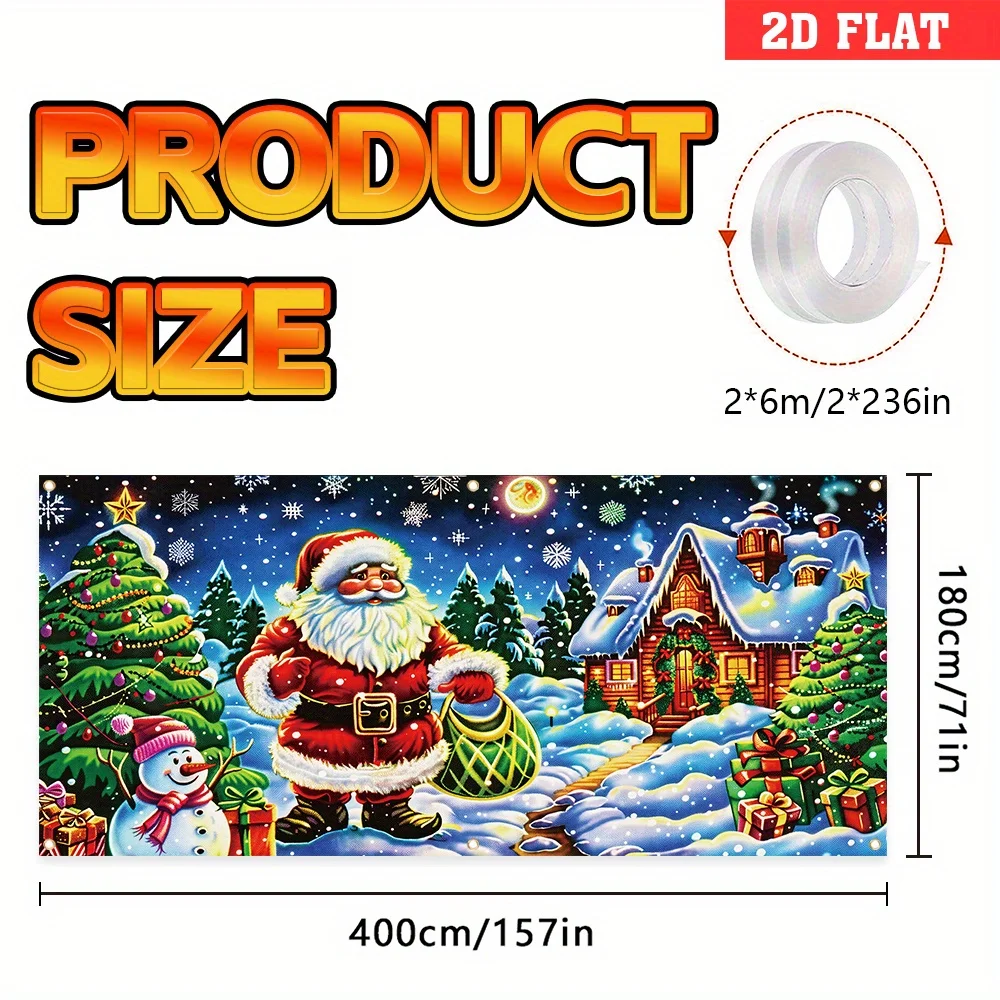 2D Flat, 1pc UV-Activated Glow-in-the-Dark Christmas Tapestry Door Flag - Self-Lit Santa Claus with Snowy House & Tree Design, 7