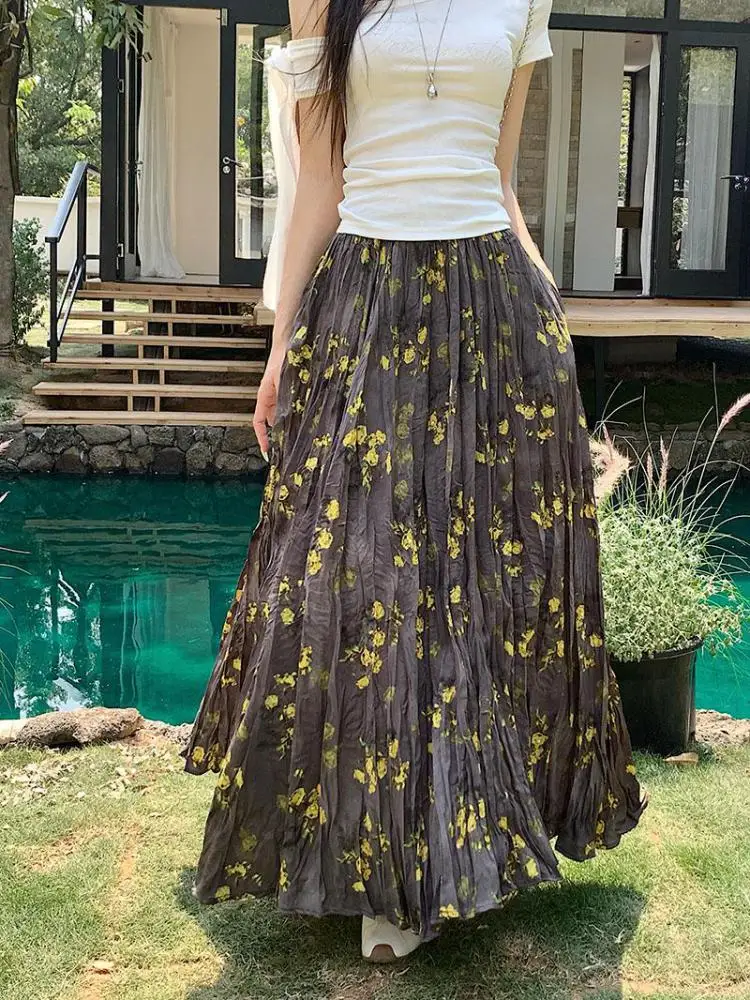 

Spring Summer Yellow Flower Elegant Slim Long Skirts French Vintage Women High Waist Pleated Half Skirt Popular Fashion Bohemian