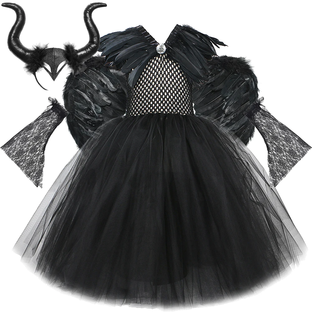 Costumi maleficenti di Halloween per ragazze bambini diavolo strega abito lungo Tutu con ali di piume di corno bambino Evil Queen vestito Cosplay