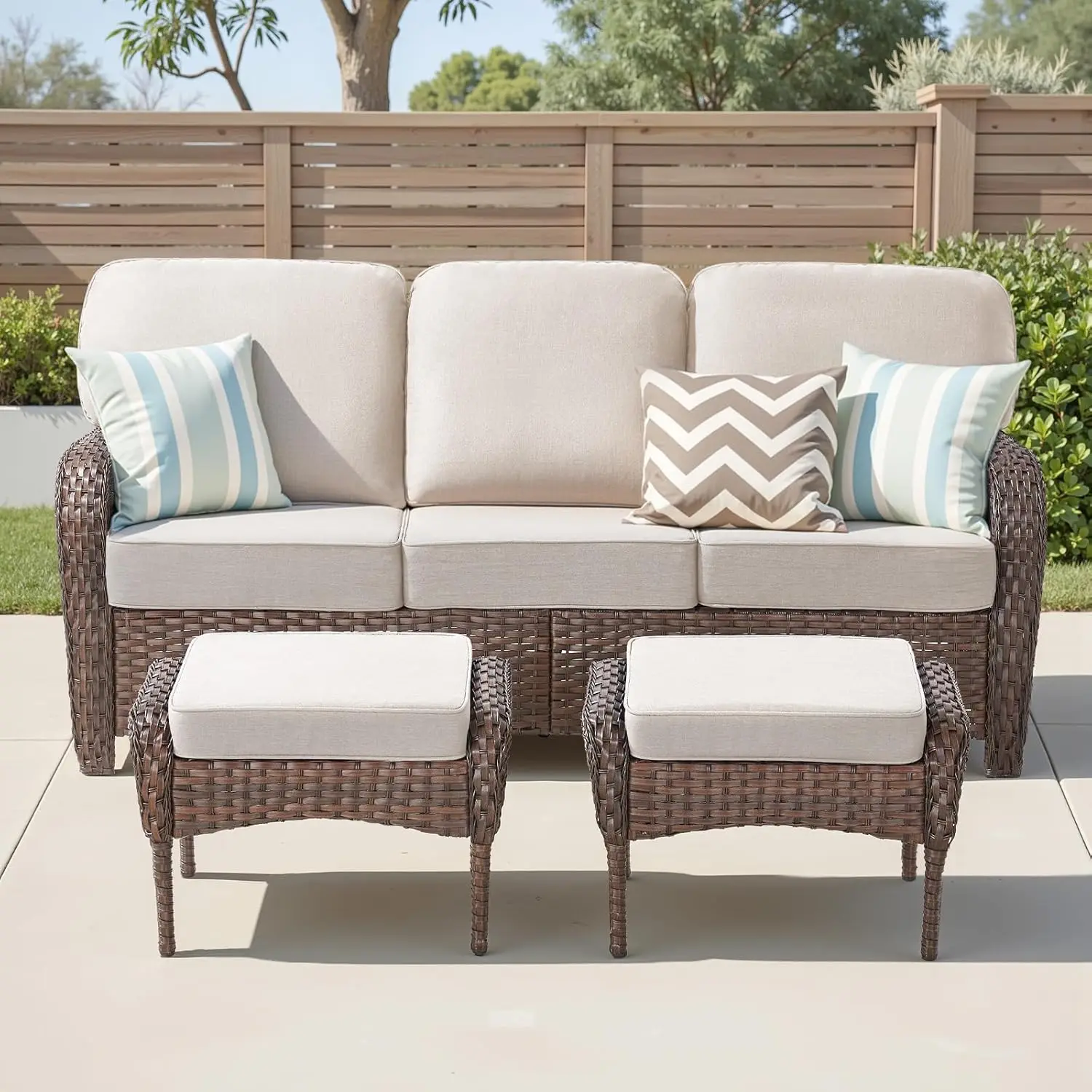 

All Weather PE Rattan 3-piece Patio Sectional Set 5" Cushions Sofa Ottoman for Lawn Garden, Customized