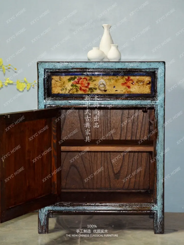 Hand-Painted Solid Wood Bedside Cabinet Locker Side Table Cabinet Vintage Distressed Lacquer Varnish Model Room