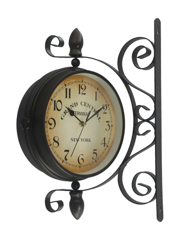 Vintage Double Sided Wall Clock Wrought Iron Train Grand Station Style Metal Wall Clock Silent Indoor Outdoor Decoration