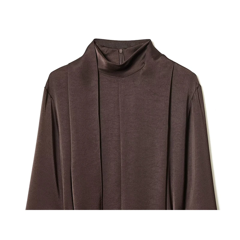 Feminino início da primavera moda meia gola alta cachecol streamer cetim textura mangas compridas vestido feminino estilo de rua vestido elegante ﻿