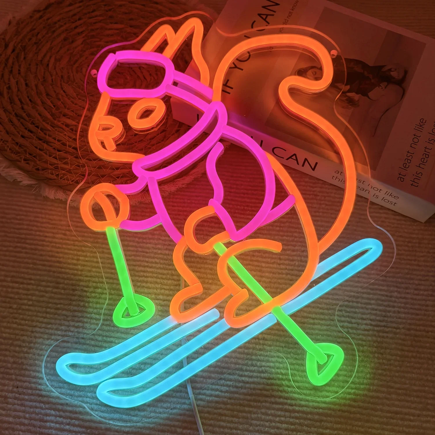 Squirrel Skiing Neon Sign USB Dimmable LED Winter Sports Neon Light for Bedroom Ski Club Pet Store Decor Gift for Skiing Lovers