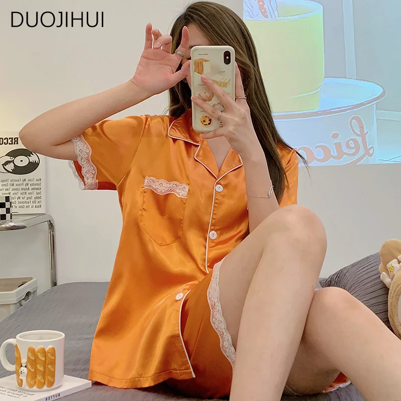 DUOJIHUI Summer Pure Color Casual Home Pajamas for Women Chic Button Cardigan Basic Pant Simple Lace Fashion Female Pajamas Sets