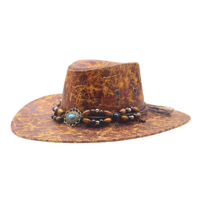 Kapelusz kowbojski w stylu vintage z nitami w kształcie głowy wołu, fedora dla mężczyzn i kobiet, na podróże na zewnątrz, z szerokim rondem, ze sztucznej skóry, kapelusz przeciwsłoneczny dla kobiet w stylu kowbojskim