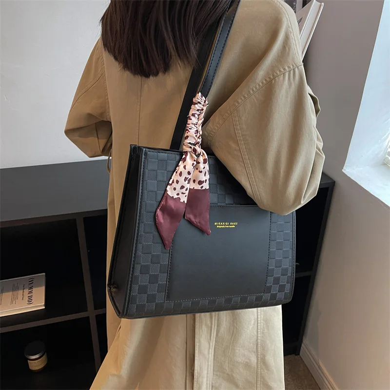 Big Bags Women Totes Fashion Plaid Pattern Ribbons Shoulder Bag Leather Satchels Working Commute Shopping Large Capacity Handbag