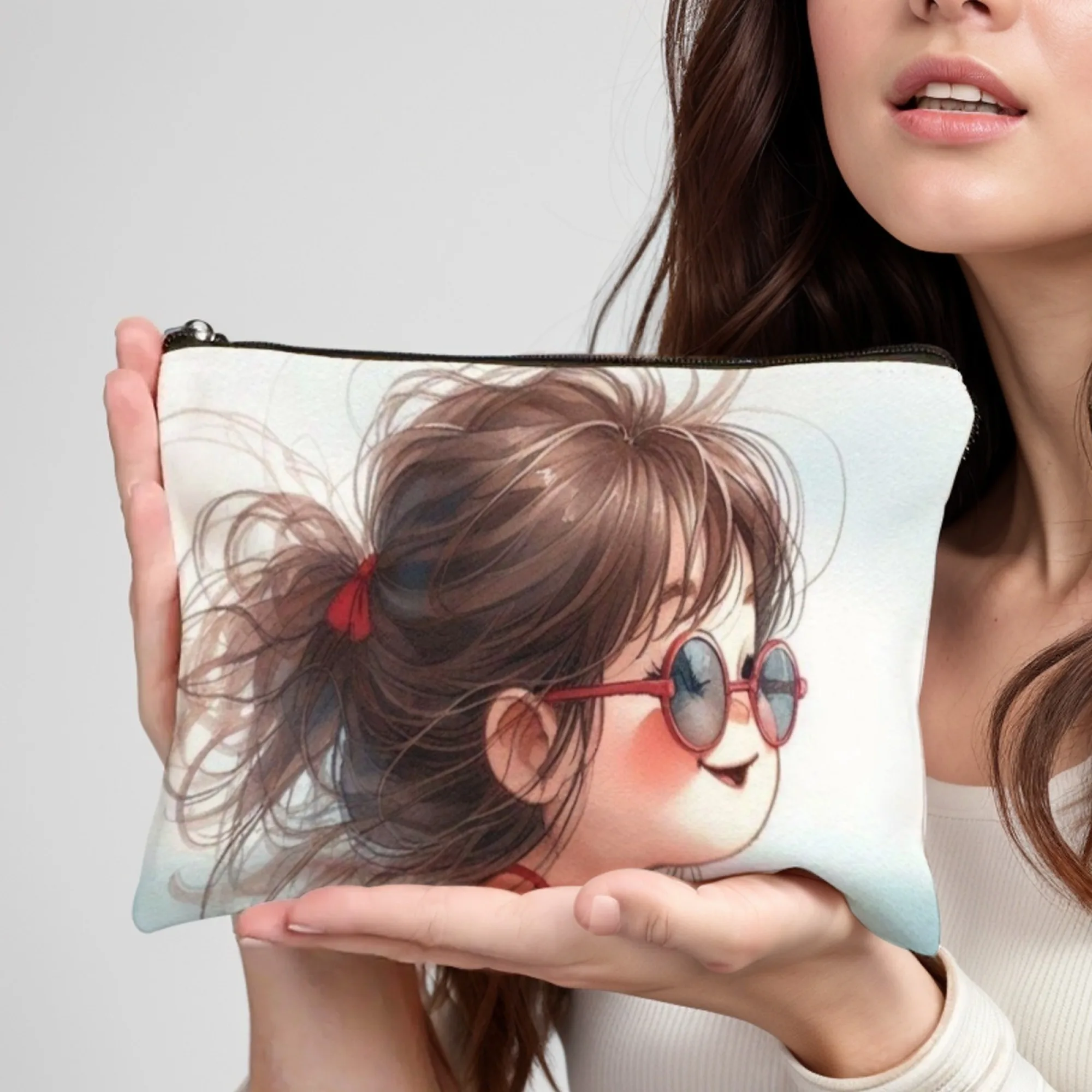A girl with a round face and glasses Stylish Zippered Makeup Bag Portable Cosmetic Case with Mirror Durable Travel Toiletry Bag