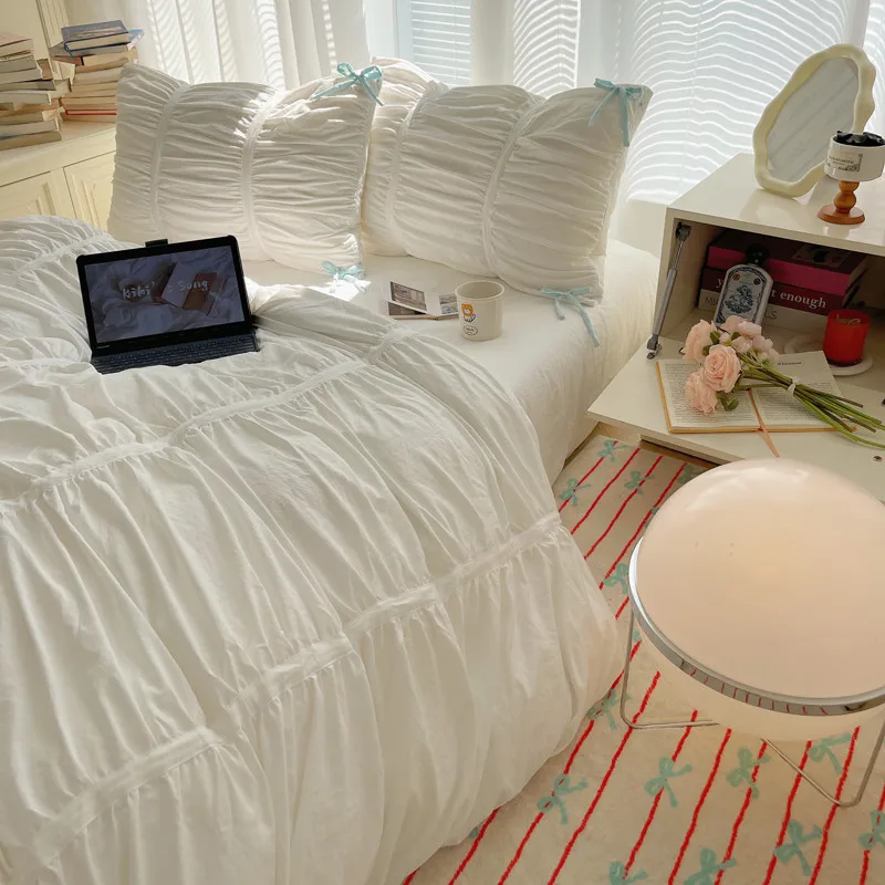 Solid Color Pleated Textured Soft Breathable Chic Princess 4pcs Bedding Set, Delicate Bows Twin Duvet cover Bed sheet Pillowcase