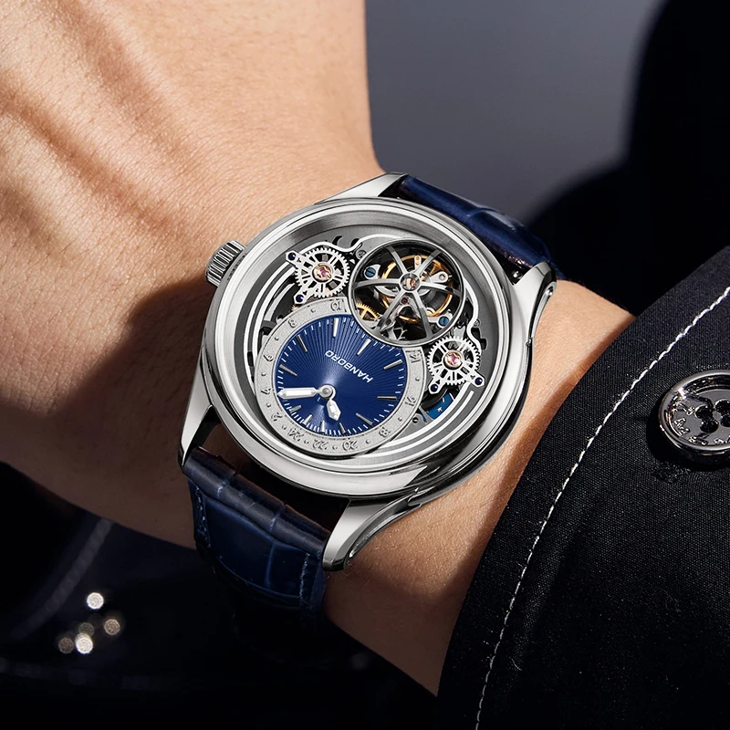 한보로 남성용 오토매틱 시계 41mm 기계식 손목시계 5Bar 방수 사파이어 야광 스켈레톤 플라이휠 다이얼