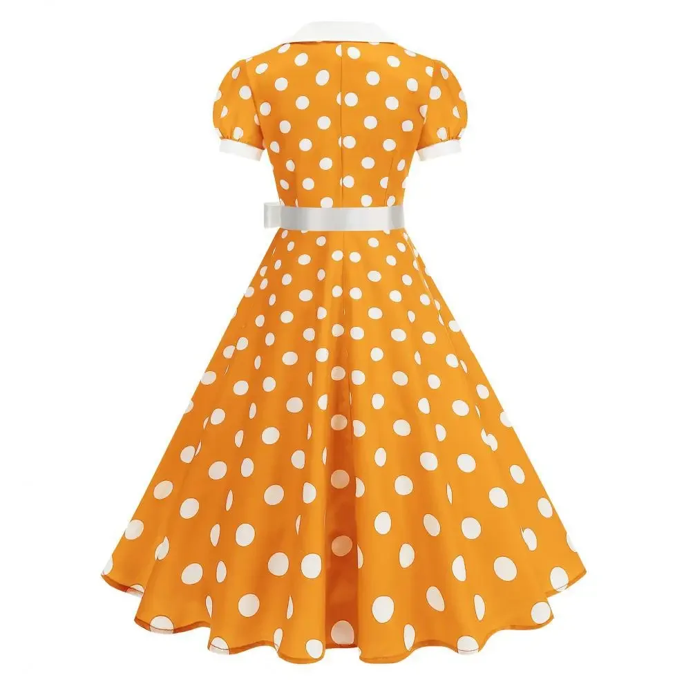 

Vintage Polka Dot Summer Dress Women 1950S 60S Notched Collar Short Sleeve Belted Elegant Retro Clothing Party Casual Dress New