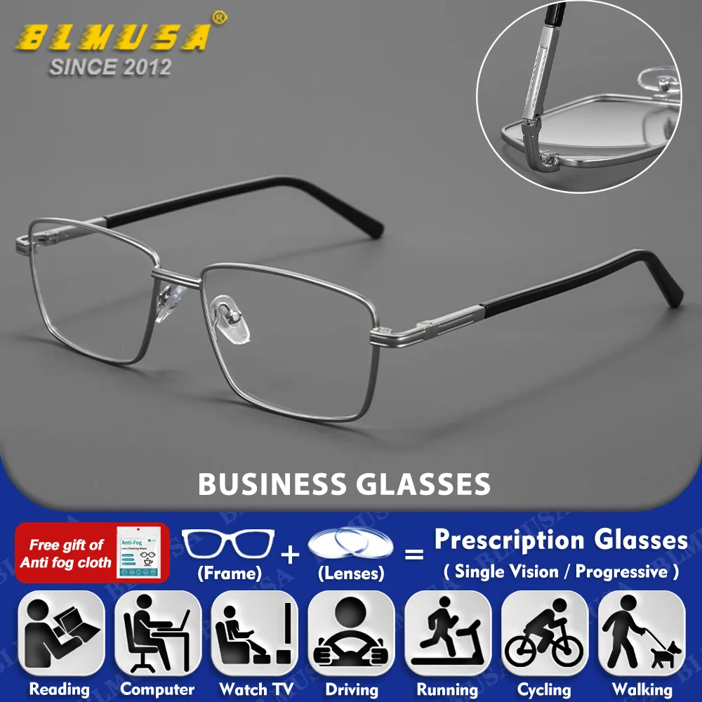 

BLMUSA (M) Classic Men Alloy Square Myopia Progressive Glasses High Quality Blue Light Filter Prescription Photochromic Eyeware