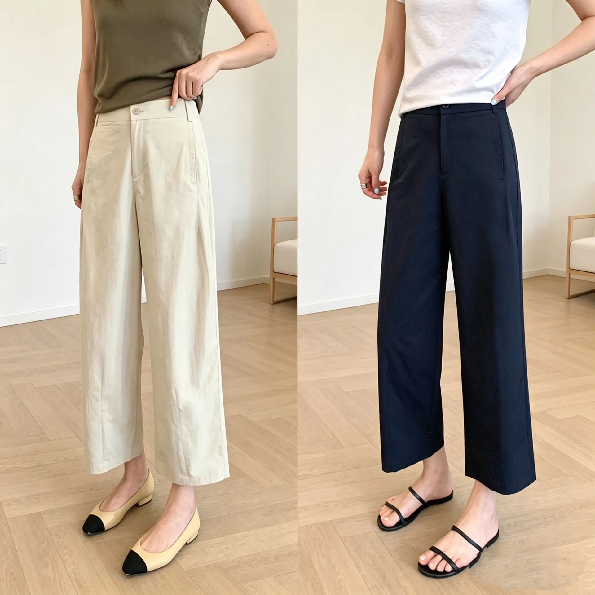 Three-Fold Early Eight Pants Casual Straight Leg Modal Silk Blend Nine-Piece High Waist Summer Cool Feeling Anti-Wrinkle