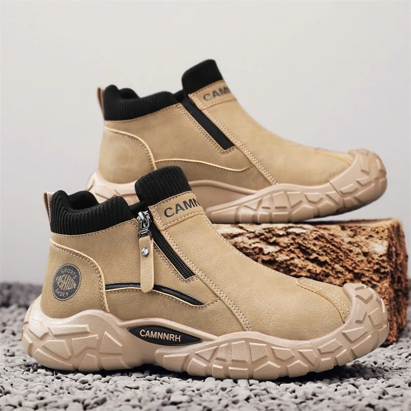 Solid Colour Men's Casual Shoes Autumn Ankle Boots New High Top Leather Sneakers Male Fashion Anti Slip Work Wear Light Footwear