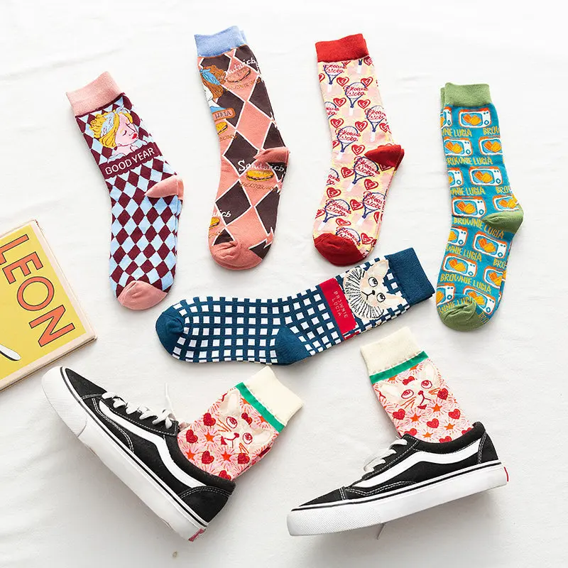 6 Pairs Graffiti Socks Cat Cute Fashion Personality Tide Socks Cartoon Animal Ins Trend Couple Socks Mid Tube Cat Socks Women