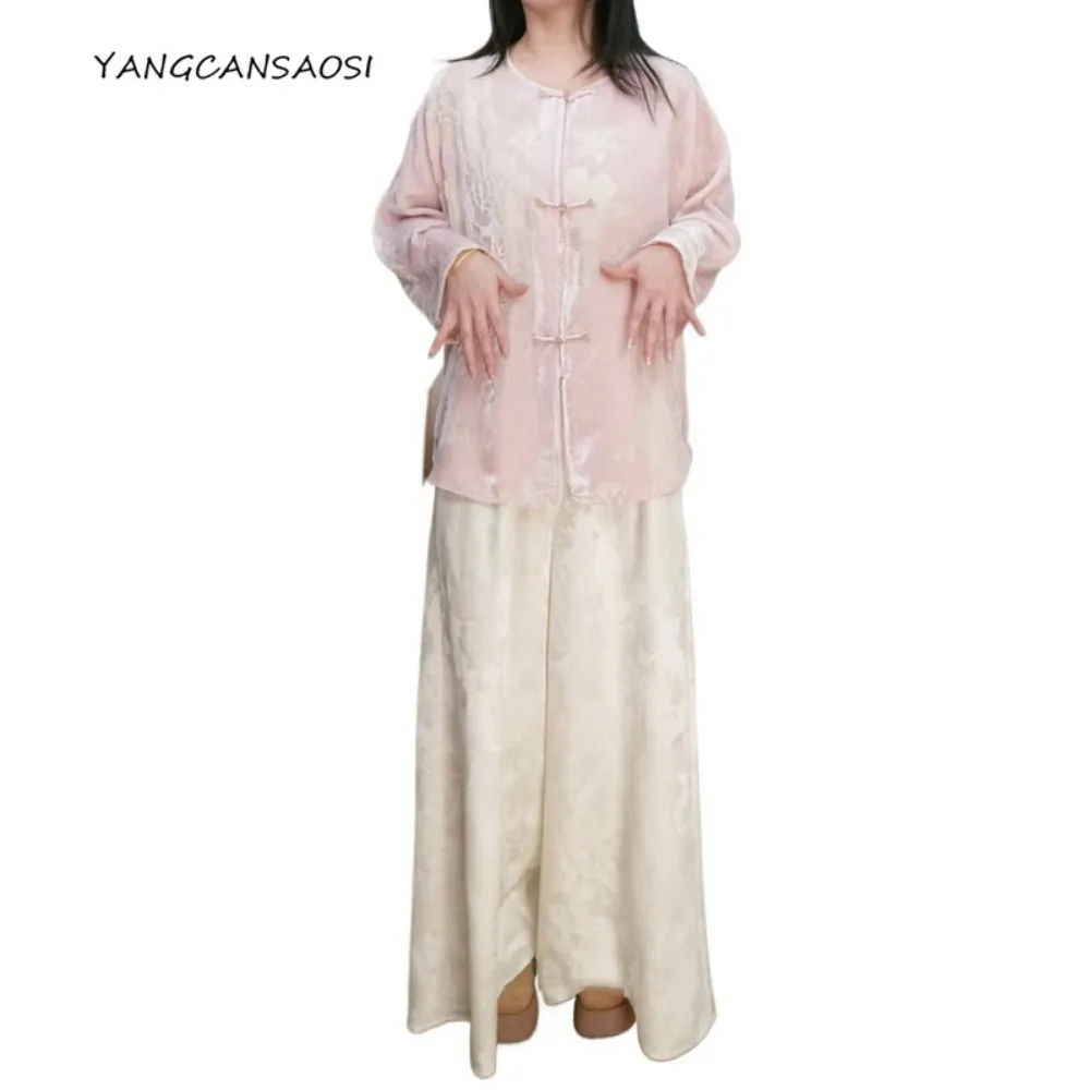 

2025 Women's Fashion Autumn/Winter New 35% Natural Mulberry Silk 65% Wool Loose A-line White Two Side Pockets Wide Leg Pants