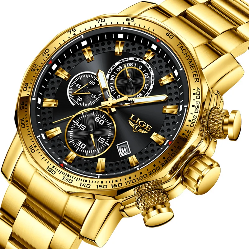 

LIGE новые золотые кварцевые часы для мужчин, военные спортивные водонепроницаемые часы с большим циферблатом, мужские модные деловые часы с хронографом Montre Homme