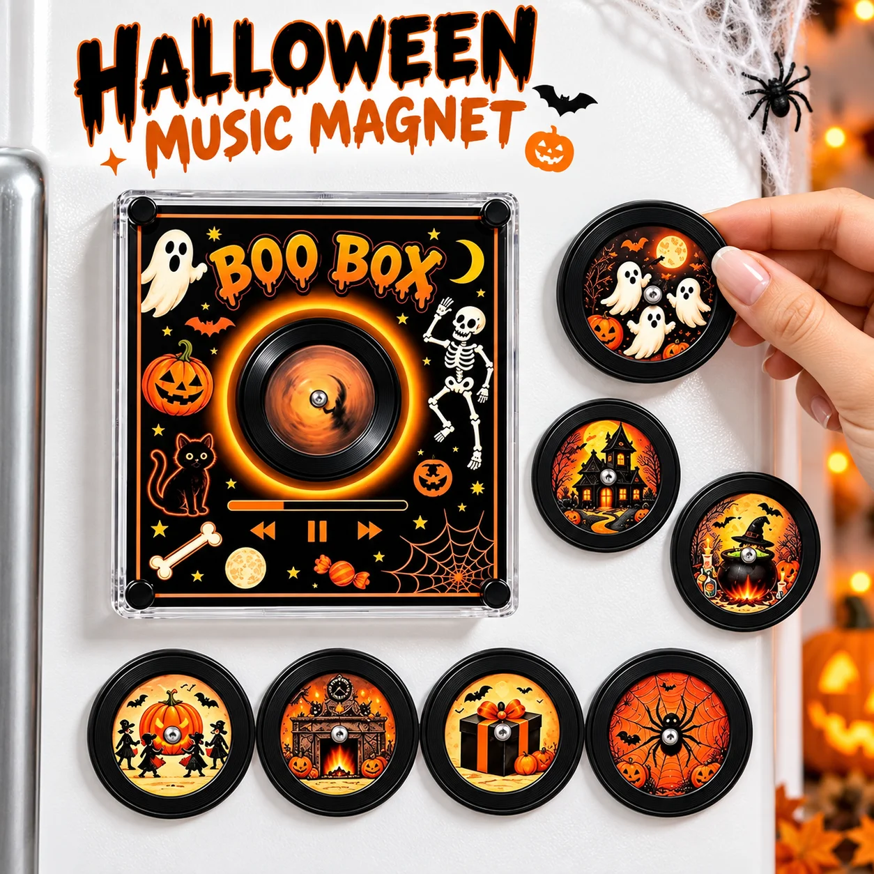 Halloween NFC Magnetic Vinyl Record Player Rotating Music Box LED Light Fridge Magnet Desktop Party Decoration