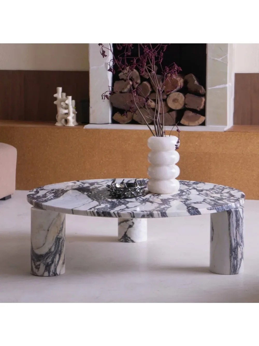 #Modern Luxury Calacatta Viola Coffee Table Round Marble Top Three Cylinder Legs Modern Living Room Center Table