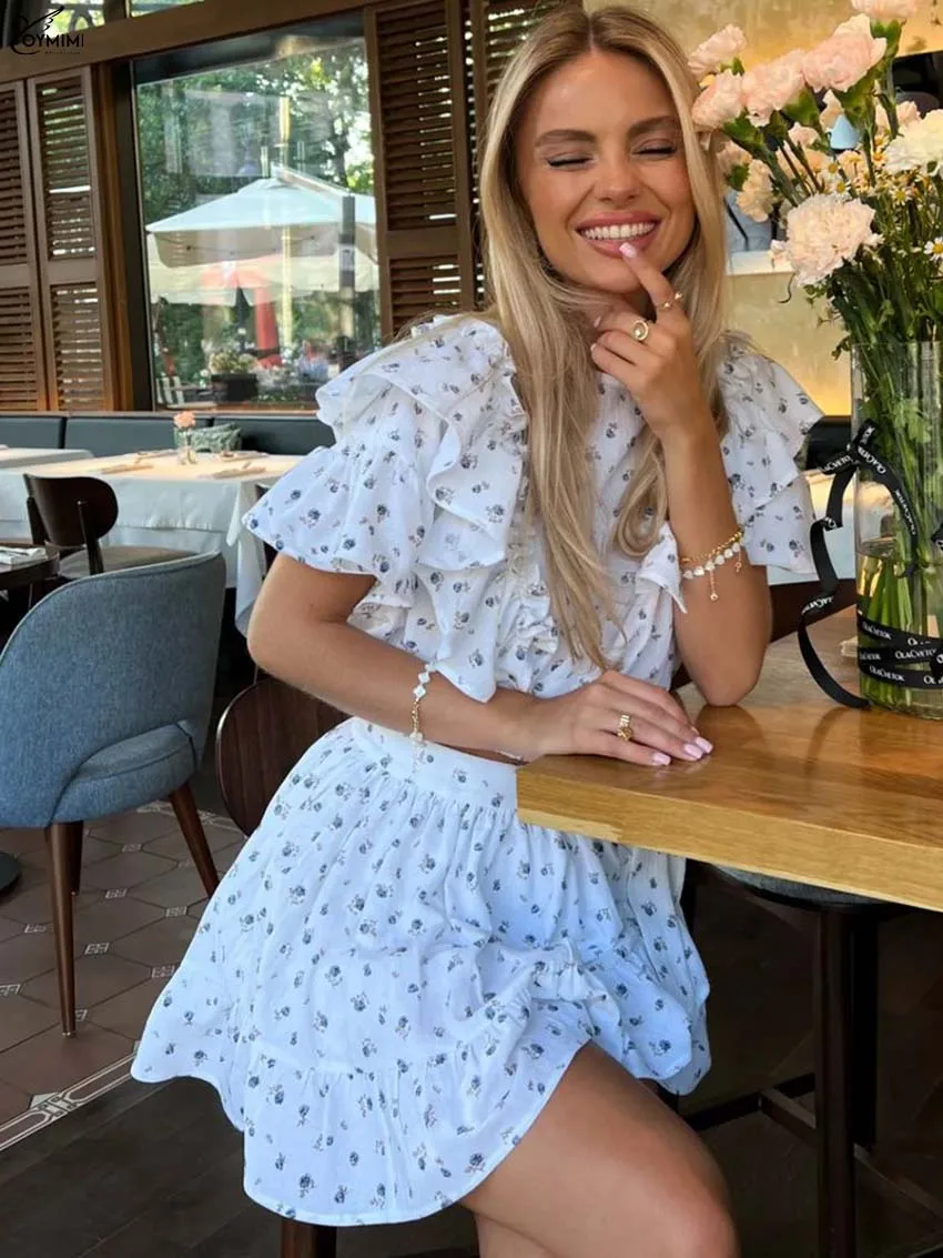 Oymimi Set da 3 pezzi con stampa bianca alla moda per donna Top corto casual a maniche corte con volant o-collo + pantaloncini e gonne con lacci