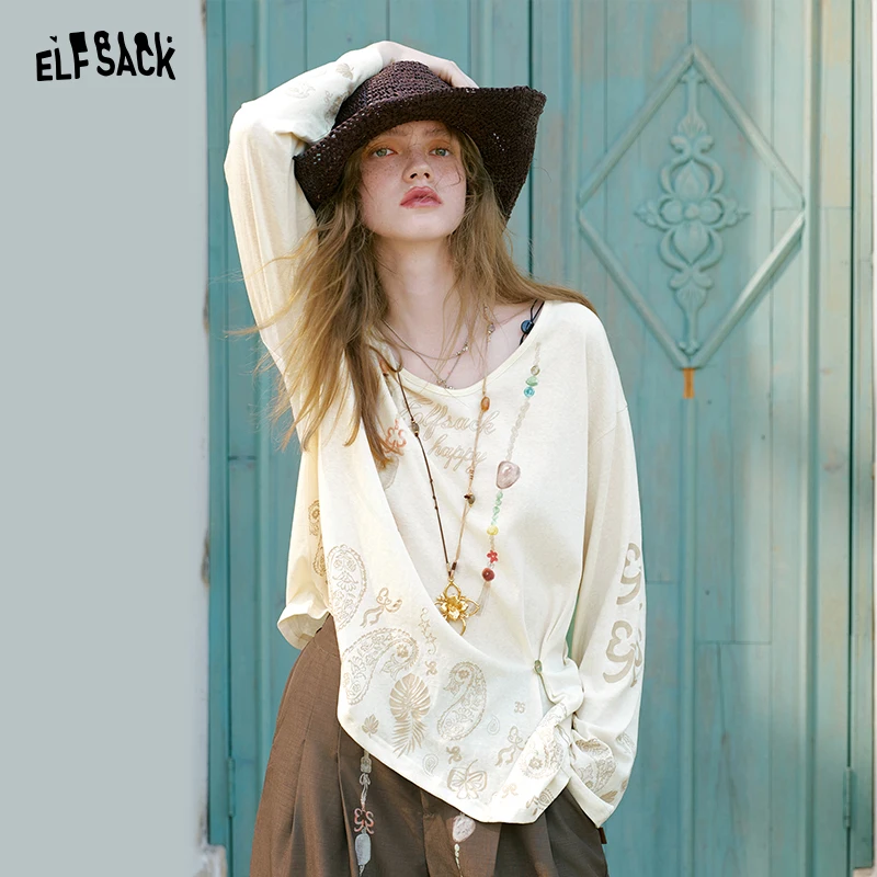 ELFSACK Women's Paisley Bead Charm Long Sleeve T-Shirt with Side Twist Knot Detail, V‑Neck Loose Fit Tee for Summer