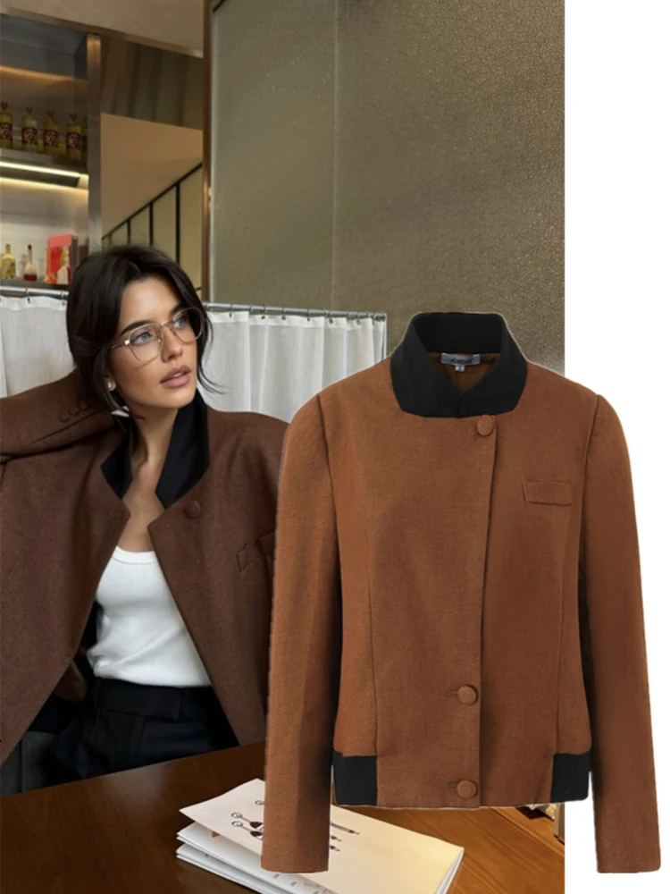 

Ретро-куртка в американском стиле, свободного кроя, с длинными рукавами, в стиле колор-блок, женская модная верхняя одежда, универсальный размер, воротник-стойка, на пуговицах.