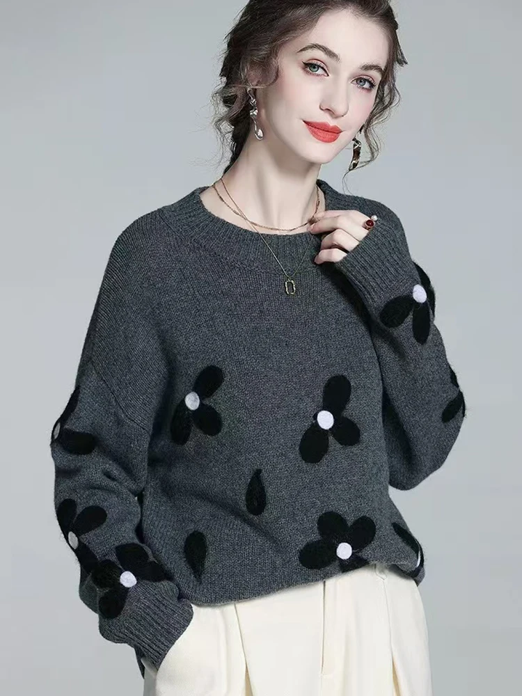 

Jmprs Vintage Floral Elegant Sweaters Women Loose Sweet Faux Woolen Knitted Pullovers Fall Retro American Lady Long Sleeve Tops