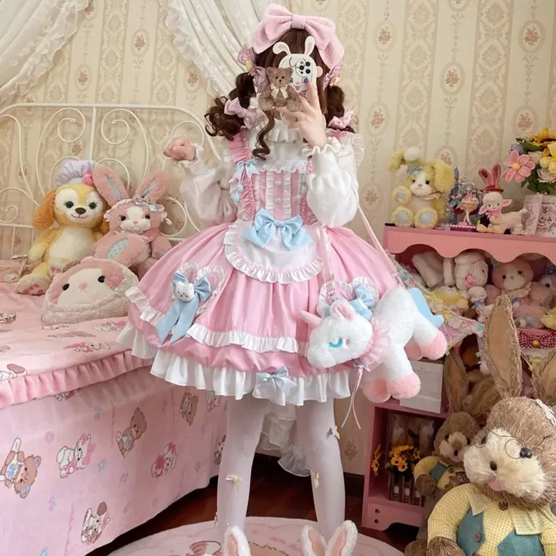 

Japanese Sweet Lolita Jsk Dress Women Cute Blue Pink Bow Bear Lace Ruffles Sleeveless Dress Girls Kawaii Tea Party Mini Dress