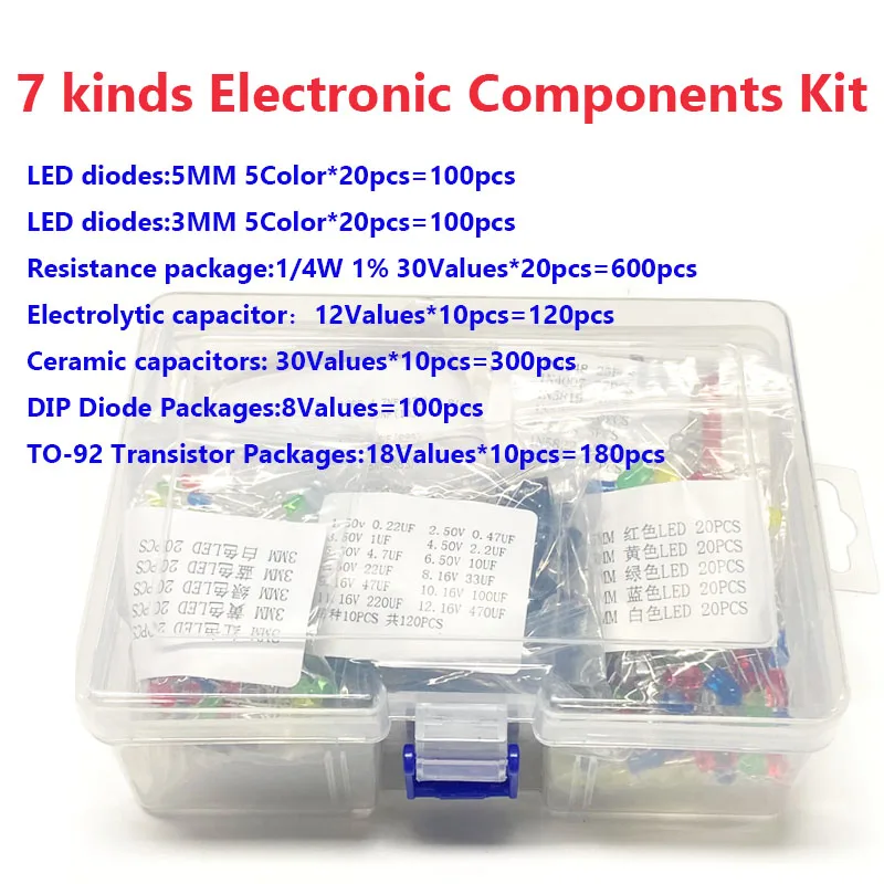 7 kinds Electronic Components kit Electrolytic Capacitor Metal Film Resistor Assortment Led Diodes  Ceramic Set Transistor Pack