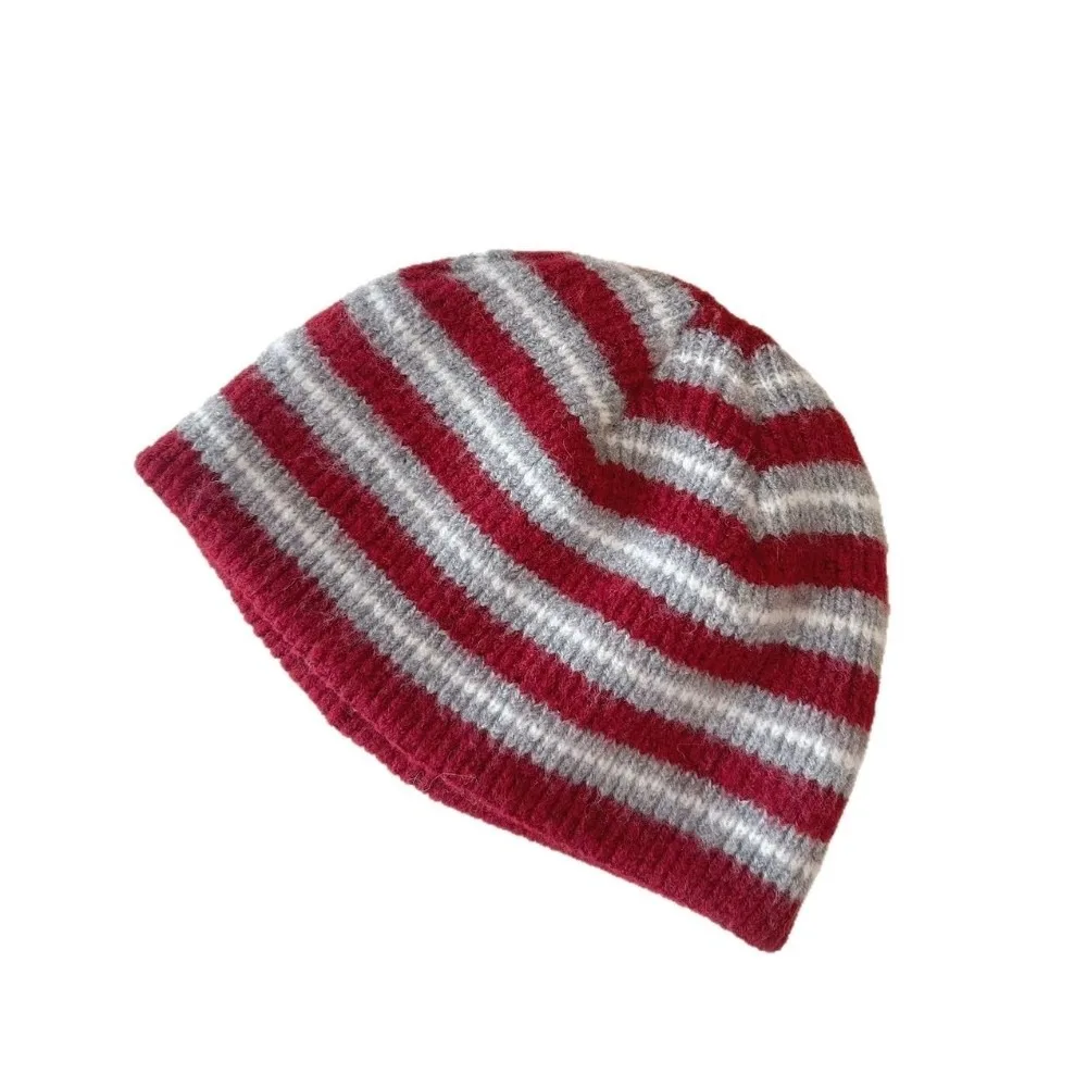 Fold-Up Wool Blend Striped Beanie Hat Thick Soft Ribbed Knitted Cap Color Blocked Thermal Warm Pullover Hat Gift