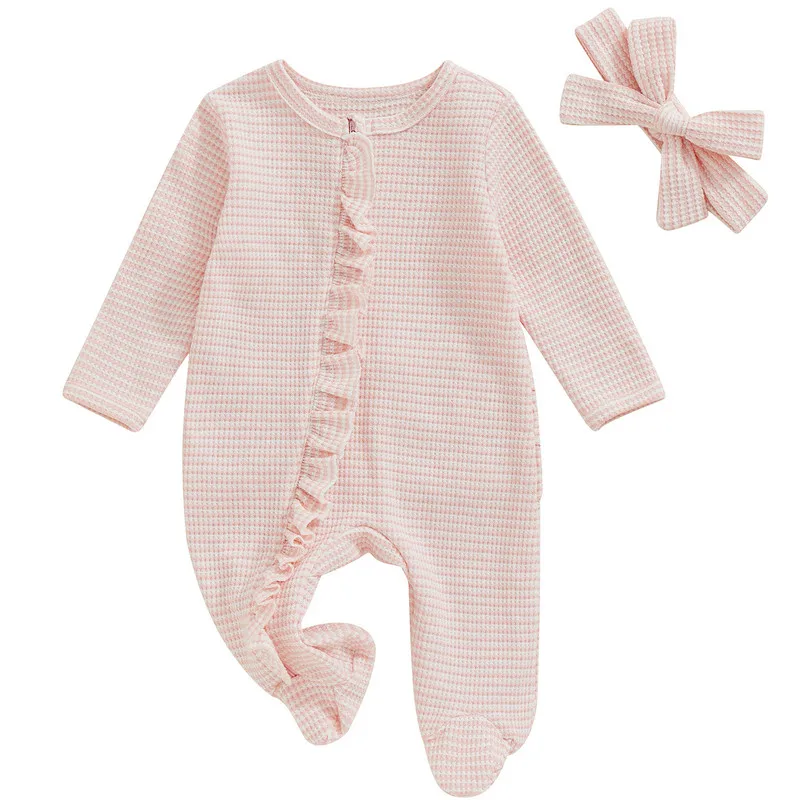 RUEWEY 0 to 6 Months Baby Girls Footies Rompers Stripe Print Round Neck Ruffles Long Sleeve Infant Jumpsuits with Headband