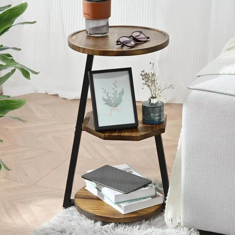 Modern Solid Wood Side Table Natural Brown Small Round End Table for Living Room Simple Bedside Nightstand Home Decoration