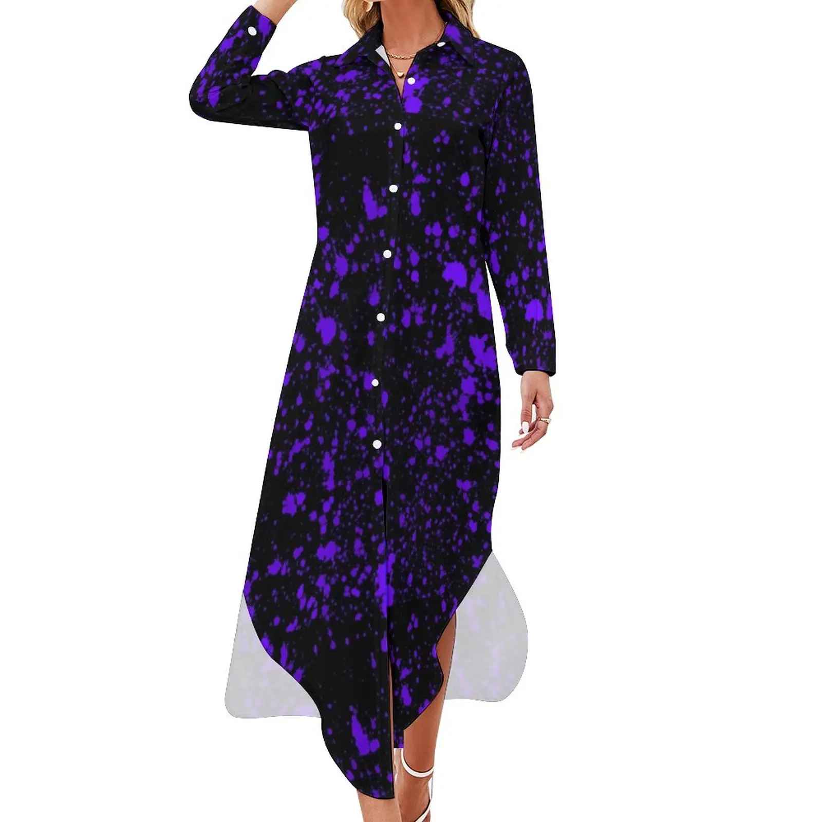 Purple Paint Splatter Casual Dress Abstract Graffiti Street Fashion Dresses Sexy V Neck Retro Chiffon Dress Long Sleeve Vestido