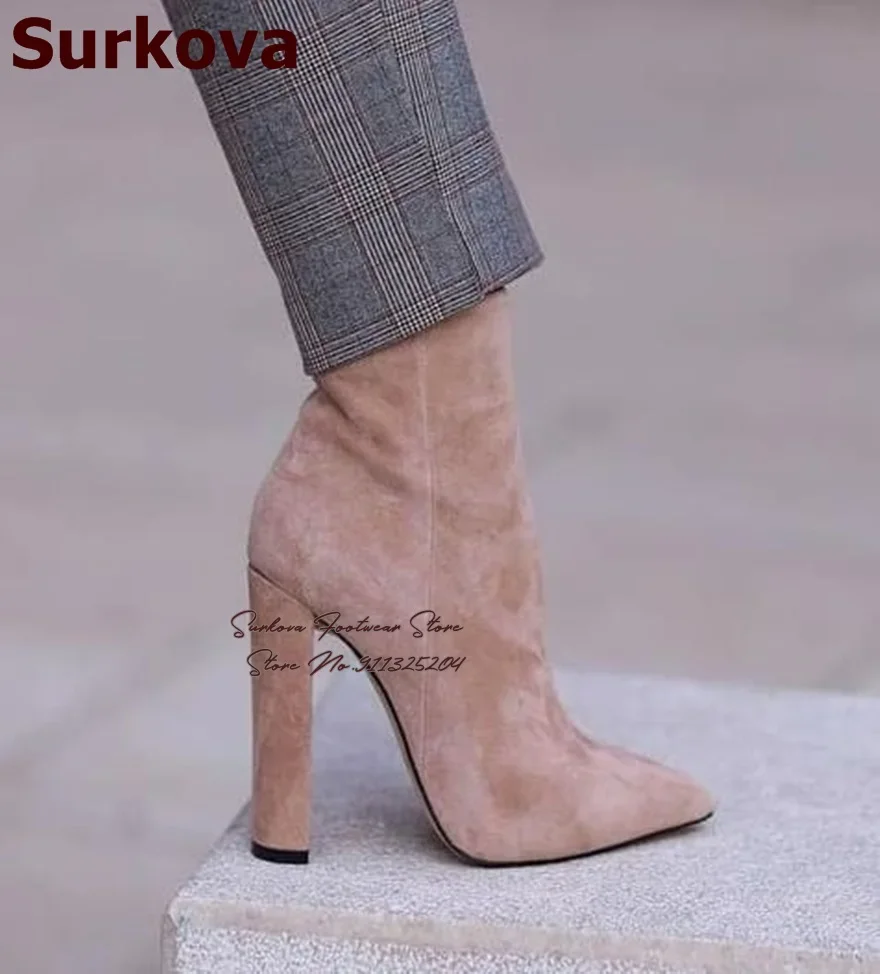

Surkova Women Suede Chunky Heel Ankle Boots Pointed Toe Elegant Block Heels Booties Zipped Banquet Dress Shoes Pink Black Brown