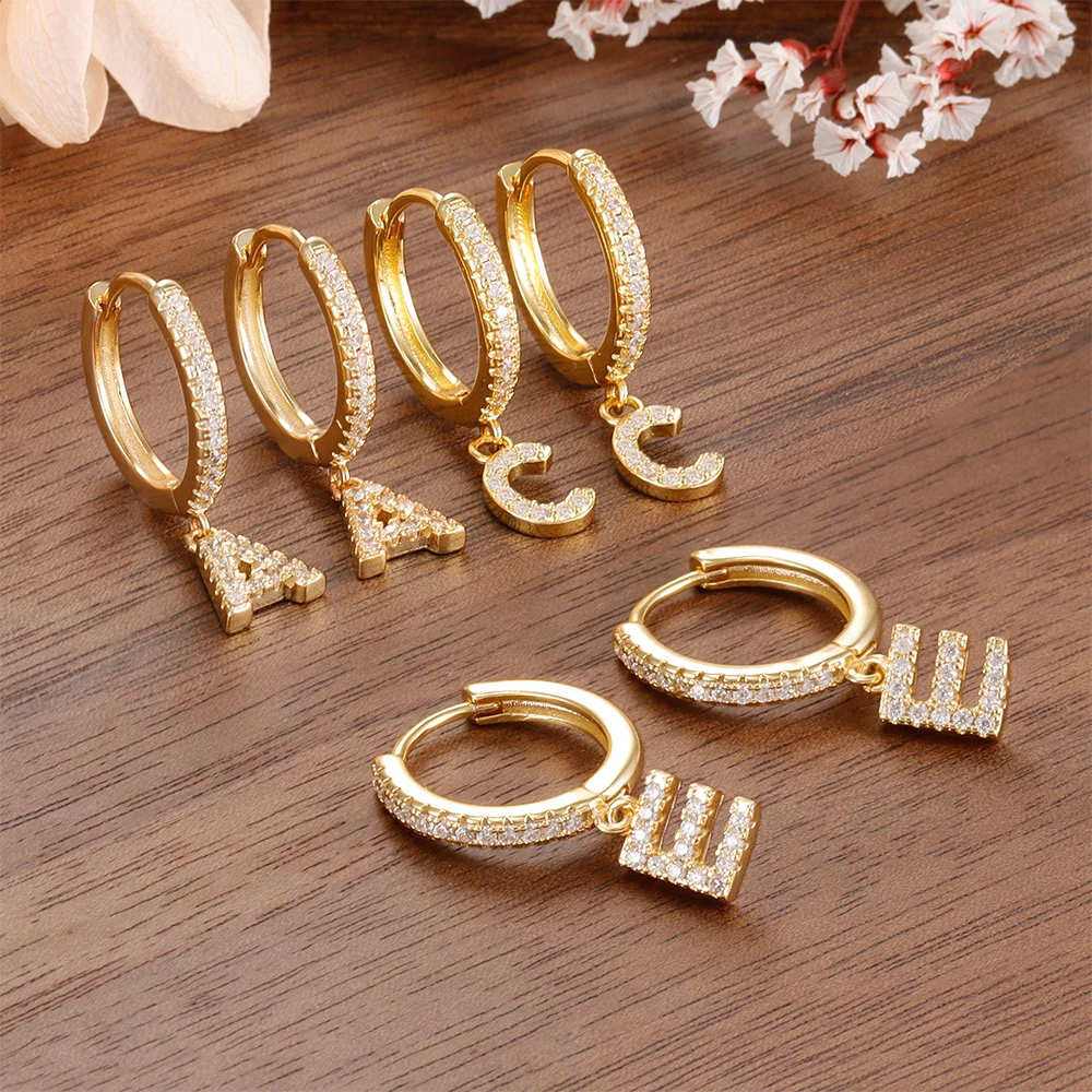 Nidin venda quente inicial A-Z letras mini pequenos brincos de argola cor ouro zircão jóias alfabeto moda natal presente de ano novo