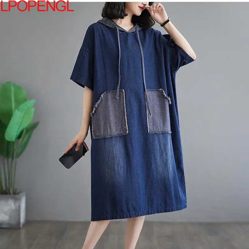 Imagem -05 - Vestido Feminino de Manga Curta com Capuz Jeans Comprimento Médio Casual Solto na Moda Patchwork Reto Pulôver Streetwear Novo Verão