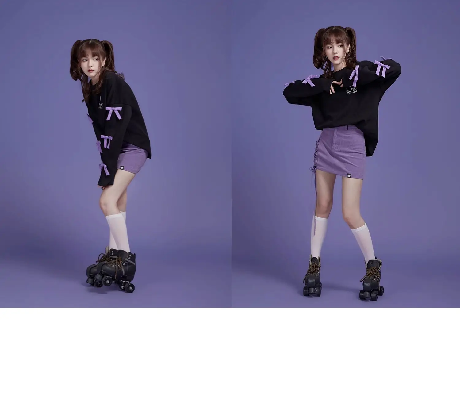 パープルブラックスウィートボウローズプリント長袖ルーズプルオーバーセーターガール春秋ラウンドネック多用途日本のかわいいトップ