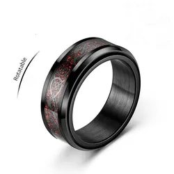 Red Carbon Fibre Dragon Cool Anxiety Relief Rings For Men Rotating Anxiety Spinning Fidget Metal Rock Band Ring Bague Homme