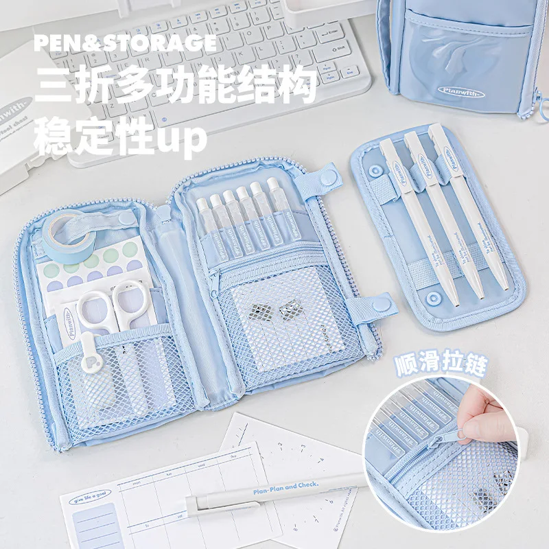 Borsa portamatite multifunzionale in tela multistrato di grande capacità portatile Stand Up Pencil Pouch materiale scolastico