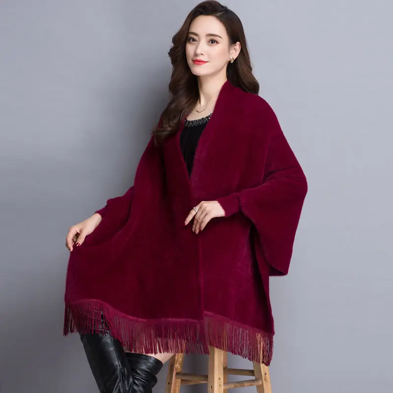 Mink velvet cape jacket women autumn and winter mid-length all-match cashmere tassel cape cape with sleeves poncho women coat