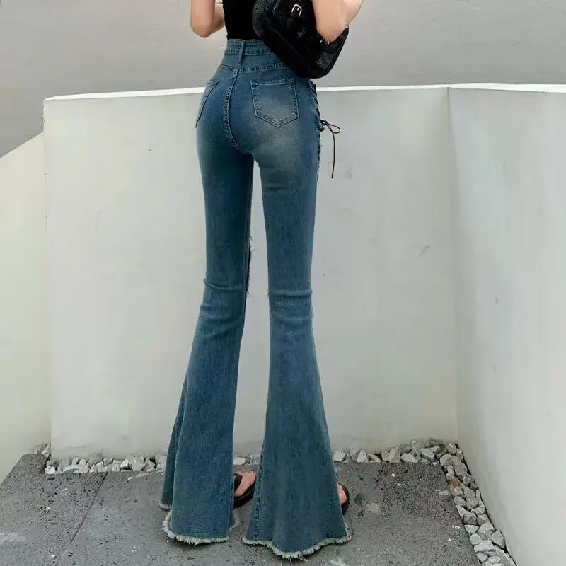 

High Waist American Sle Slimming Brown Denim Pants Slit Wide Leg Pants for Women Spring Autumn High Waist Floor Length Casu...