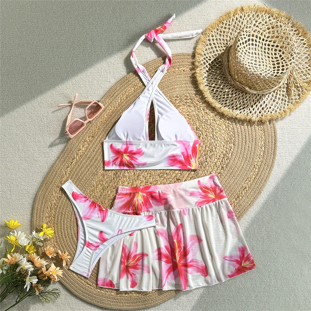 Blumenmuster, mit Rock, Neckholder-Bikini, Damen-Badebekleidung, weiblicher Badeanzug, dreiteiliges Bikini-Set, Badeanzug, Badebekleidung, Schwimmbekleidung V7621 – Detail 8