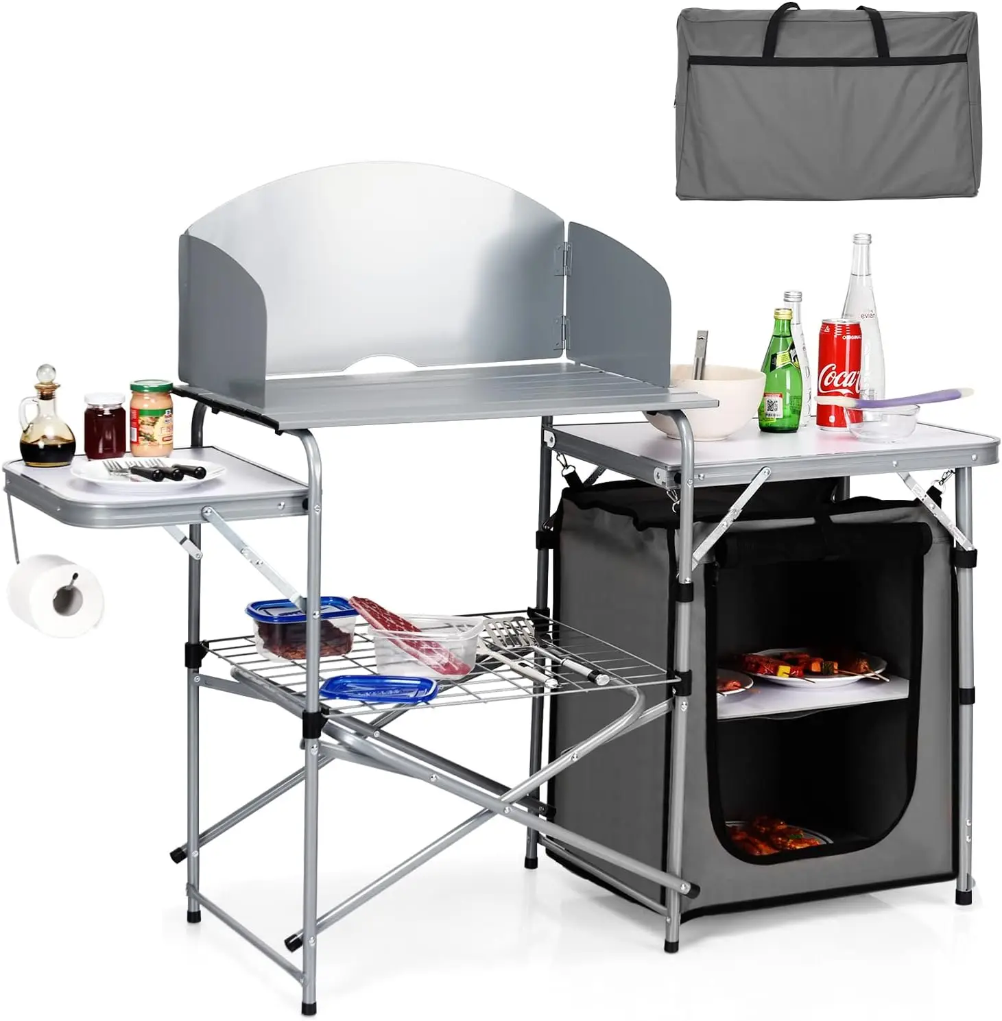 

Folding Grill Table with 26'' Tabletop and Detachable Windscreen Aluminum Portable Camp Cook Station Carry Bag Quick Set-up BBQ