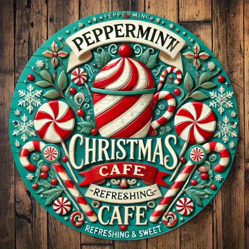 Vintage Farmhouse Christmas Wooden-Style Iron Wall Sign - Circular Holiday Decor with Peppermint, Candy Canes & Snowflakes