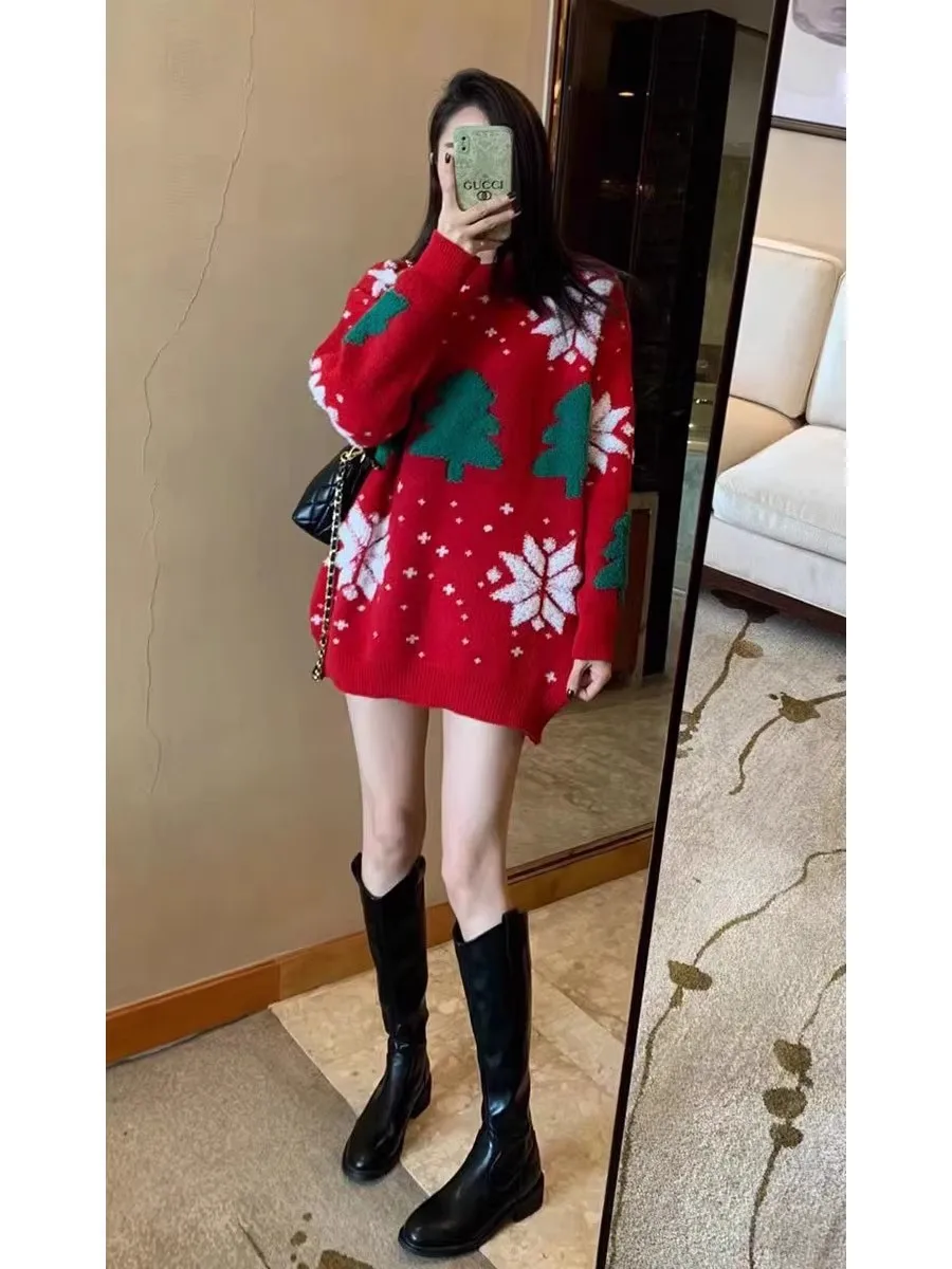 

Loose Cisas Tree New Year Knitted Sweater Couple's Winter Thiened Long Sve Crew Ne Pullover Men's Women's Base irt