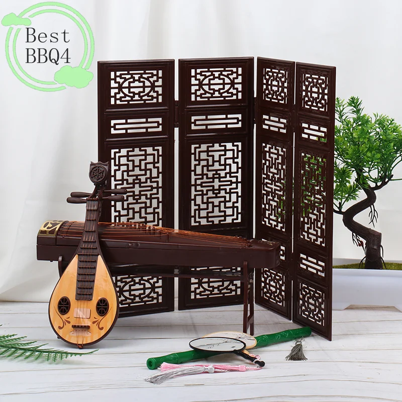 

(BBQ4)Dollhouse Miniature Folding Screen Flute Lute Guzheng Fan Life Scene Ornament
