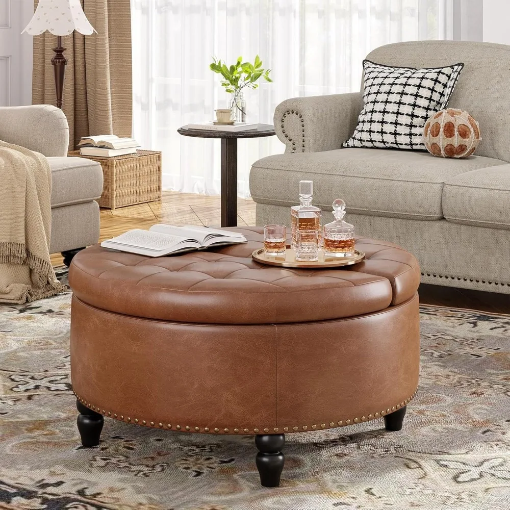 

30 Inch Large Round Ottoman with Storage, Modern Leather Ottoman Coffee Table with Lift Top, Upholstered Button Tufted Footrest