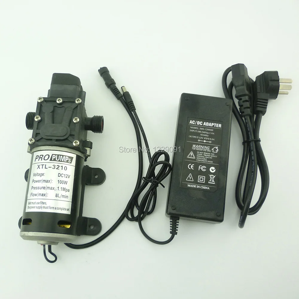 100W Automatic pressure switch DC Diaphragm small Water Pump 12v high pressure 8L/min with G1/2 port and 12v 8A power adaptor