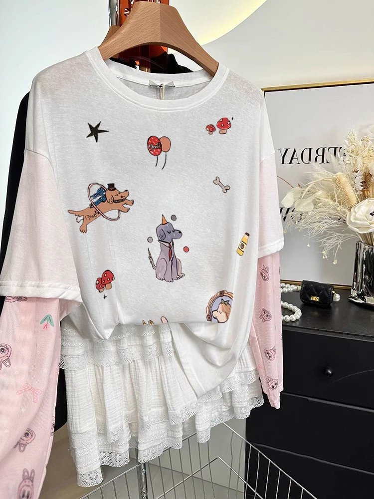 T-shirt bianca oversize ort Sve ex Protezione solare estiva allentata Top Design con abbellimento pesante Modello di giunzione alla moda